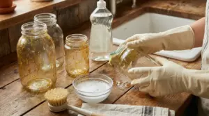 Mani con guanti che lavano un barattolo di vetro unto con spugna e detersivo sul piano cucina, vicino al lavello