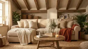 Soggiorno accogliente con divano beige, coperte morbide, cuscini, piante e tavolino in legno con candela accesa