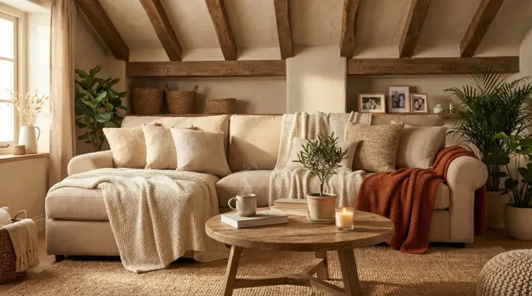 Soggiorno accogliente con divano beige, coperte morbide, cuscini, piante e tavolino in legno con candela accesa