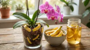 Orchidea in vaso con bucce di banana, ciotola e barattolo di vetro con bucce di banana