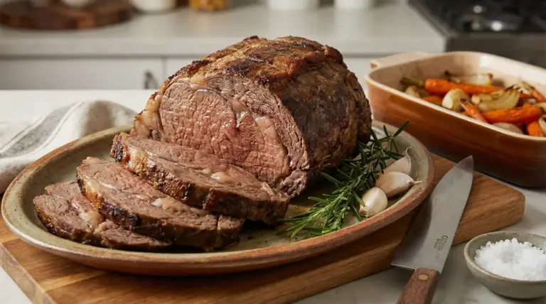 Arrosto di manzo affettato su un piatto con aglio, rosmarino e contorni di verdure