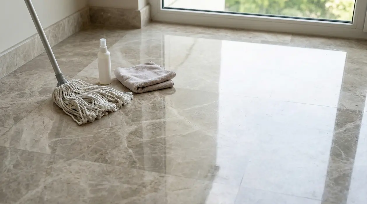 Pavimento in marmo lucido con mocio, flacone spray e panno piegato accanto