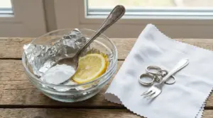 Rimedi naturali per lucidare argento con limone, bicarbonato e pellicola su tavolo in legno