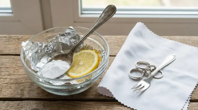 Rimedi naturali per lucidare argento con limone, bicarbonato e pellicola su tavolo in legno