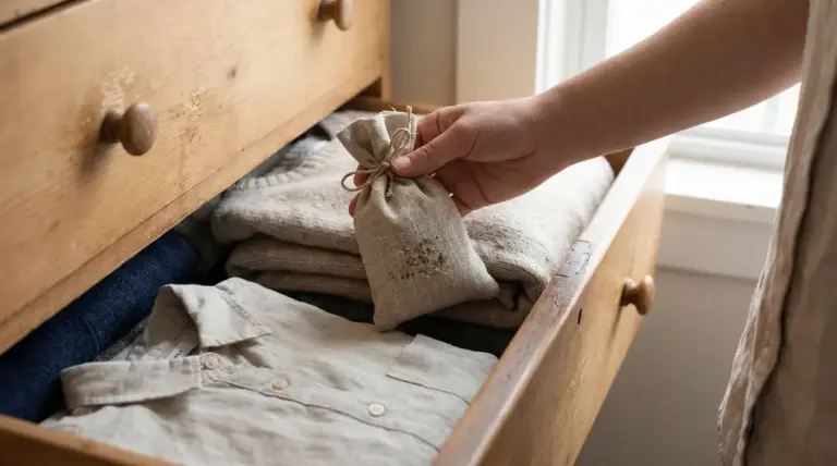 Mano che inserisce un sacchetto profumato in un cassetto con vestiti piegati