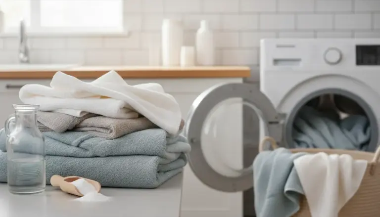 Asciugamani piegati e morbidi accanto a una lavatrice aperta in una lavanderia luminosa