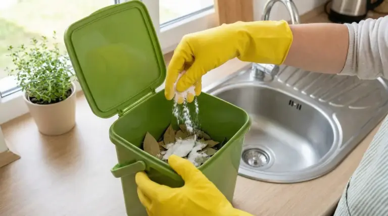 Persona con guanti gialli versa una sostanza bianca in un secchio dell'umido in cucina