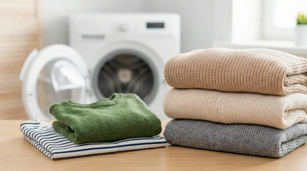 Maglioni piegati su un tavolo davanti a una lavatrice, per mostrare come recuperare vestiti ristretti in lavaggio