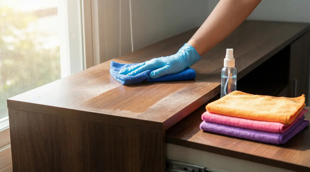 Mano con guanto pulisce un mobile in legno impolverato con panno in microfibra, vicino a spray detergente e panni colorati