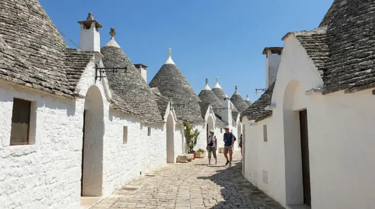 Stradina con trulli bianchi ad Alberobello sotto un cielo sereno