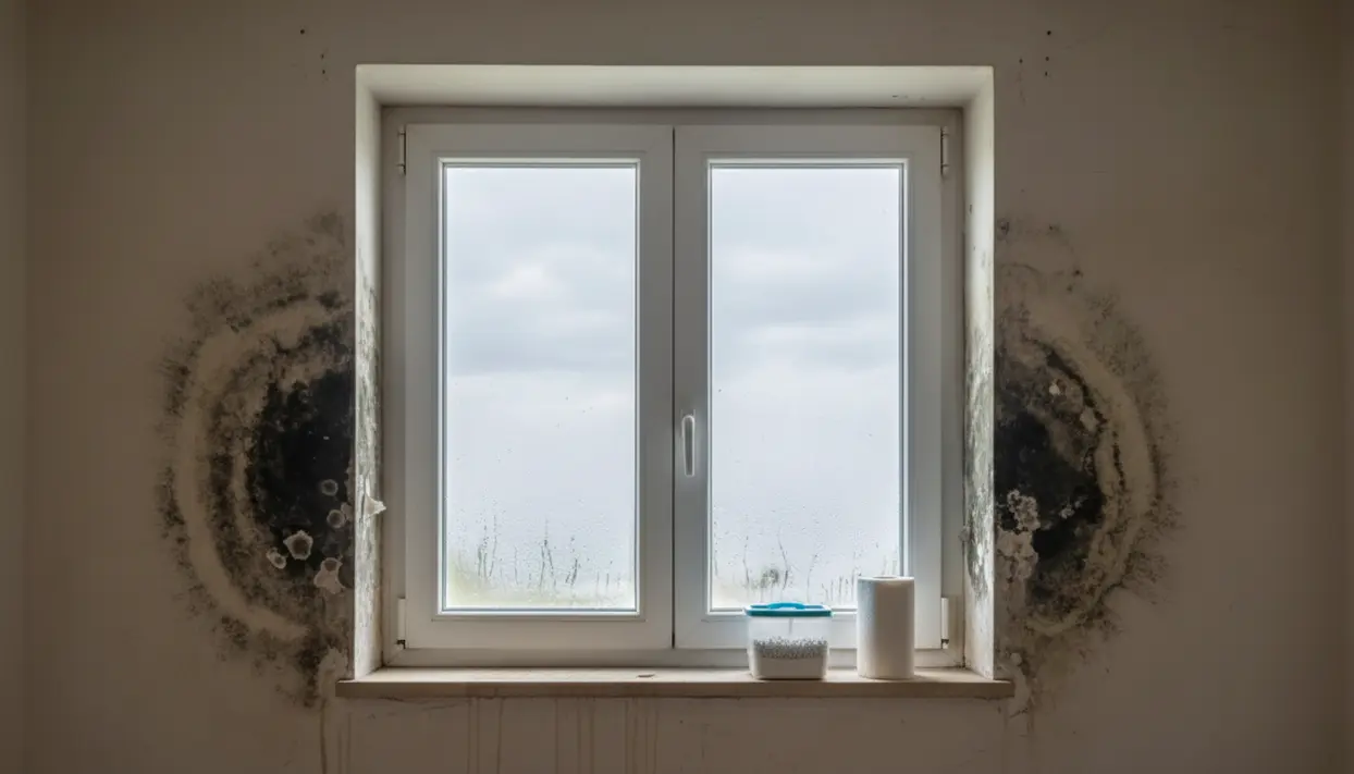 Muffa nera visibile attorno a una finestra con condensa interna