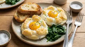 Uova montate al forno servite con spinaci e pane tostato su un piatto di ceramica