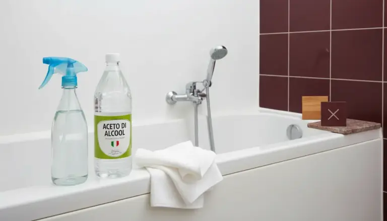 Bottiglia di aceto di alcool e spray su bordo vasca da bagno con asciugamani bianchi