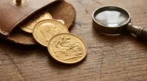 Vecchie sterline d'oro parzialmente visibili da un borsellino accanto a una lente d'ingrandimento su tavolo in legno