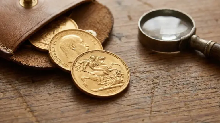 Vecchie sterline d'oro parzialmente visibili da un borsellino accanto a una lente d'ingrandimento su tavolo in legno