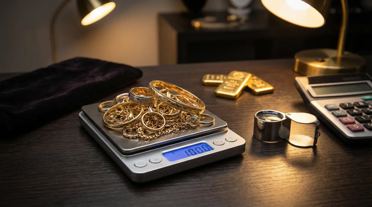 Gioielli d'oro usato su una bilancia digitale con lingotti, lente e calcolatrice