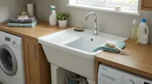 Vasca lavatoio in ceramica in lavanderia con rubinetto, piano in legno e detergenti, accanto a lavatrice e asciugatrice