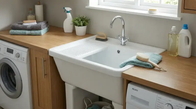 Vasca lavatoio in ceramica in lavanderia con rubinetto, piano in legno e detergenti, accanto a lavatrice e asciugatrice