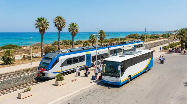 Stazione ferroviaria vicino al mare con un treno e un autobus, persone con valigie sul marciapiede