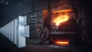 Forno industriale con metallo fuso accanto a una fila di frigoriferi aperti, confronto visivo dei consumi elettrici