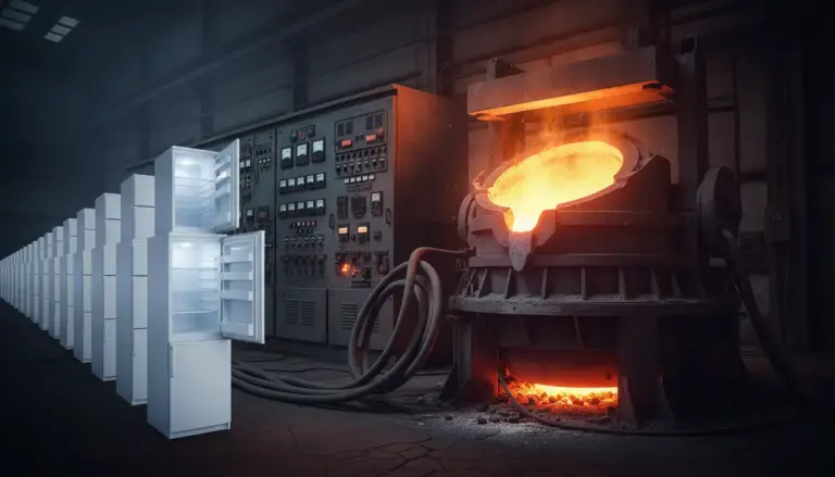 Forno industriale con metallo fuso accanto a una fila di frigoriferi aperti, confronto visivo dei consumi elettrici