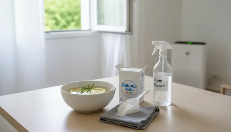 Bicarbonato, aceto bianco e panno su un tavolo vicino a una finestra aperta per eliminare l’odore di fumo in casa