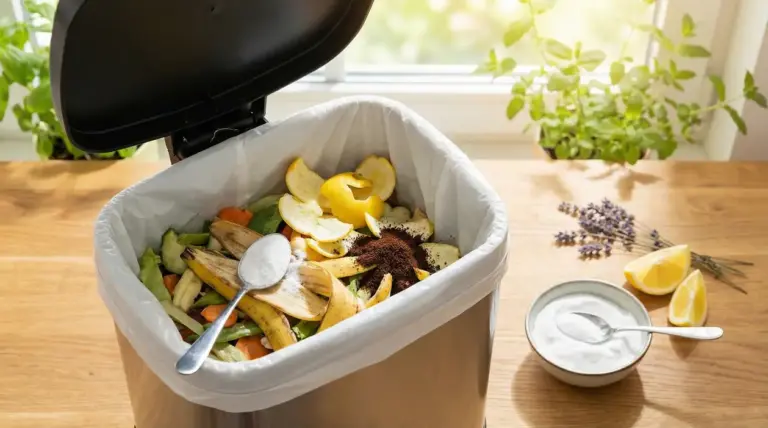 Pattumiera della cucina con scarti organici e bicarbonato, con limone e lavanda sul tavolo per deodorare