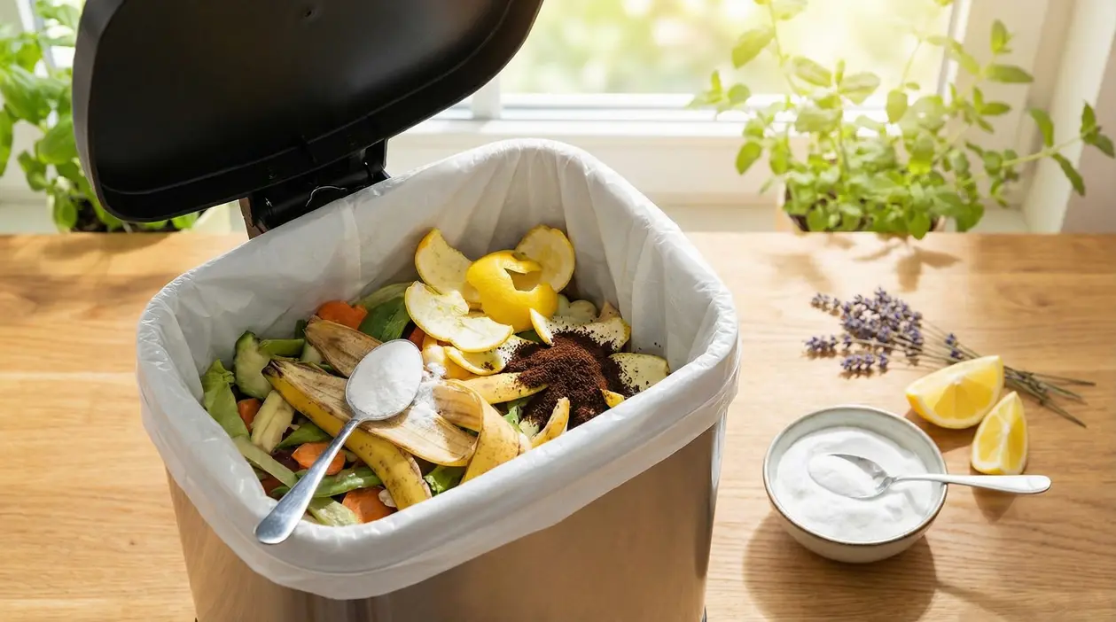 Pattumiera della cucina con scarti organici e bicarbonato, con limone e lavanda sul tavolo per deodorare