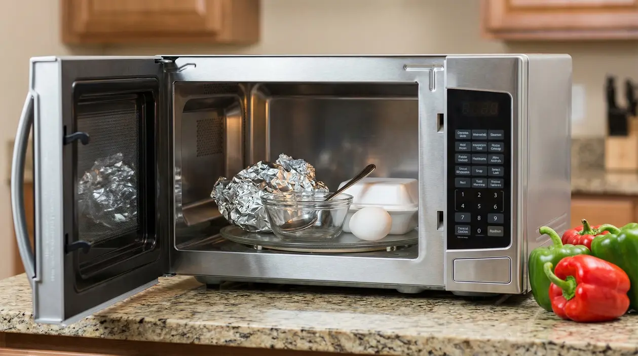 Microonde aperto con stagnola, ciotola di vetro con cucchiaio, uovo e contenitore in polistirolo all'interno