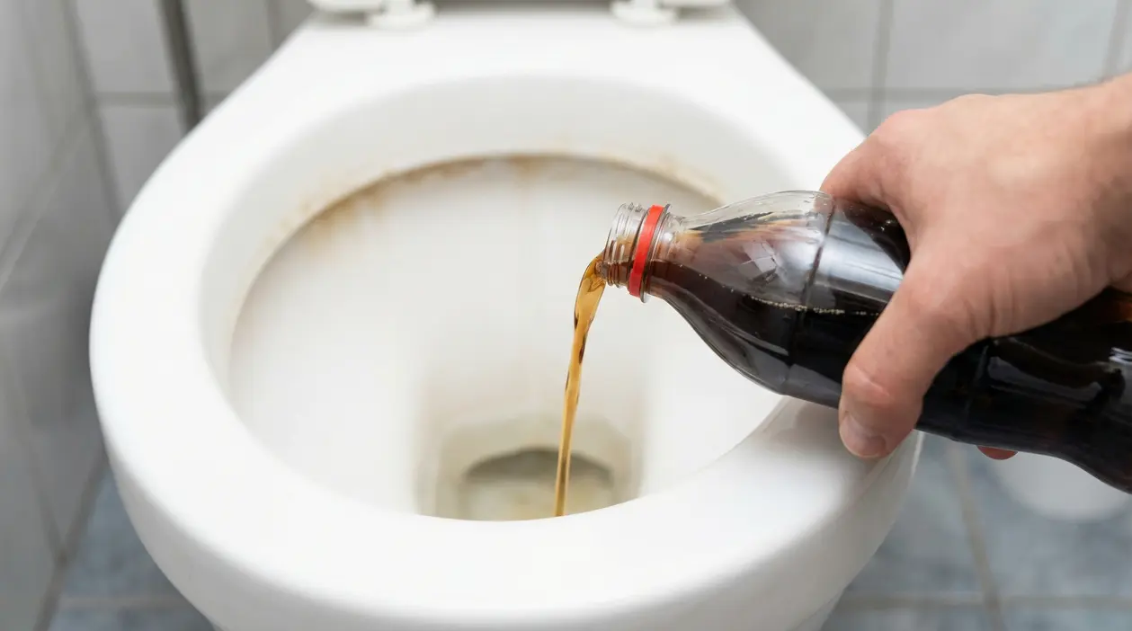 Una mano versa cola nel water per rimuovere calcare e sporco ostinato dalla tazza del WC