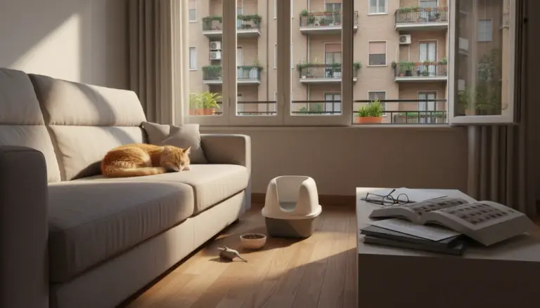 Gatto che dorme sul divano in un appartamento, con lettiera e ciotola, davanti a una finestra su un condominio