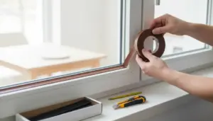 Mani che applicano nastro sigillante sul bordo di una finestra per eliminare gli spifferi