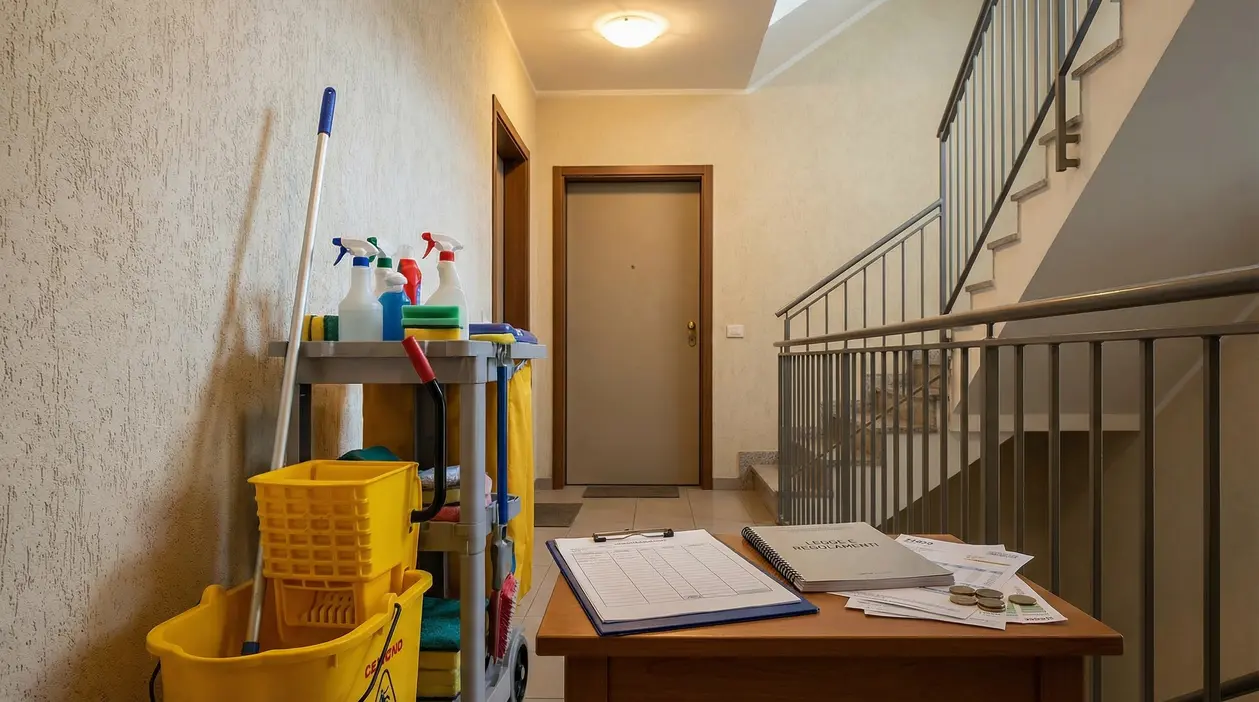 Prodotti e carrello per pulizie condominiali nel vano scale, con documenti e ricevute su un tavolo