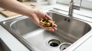 Una mano tiene avanzi di cibo e fondi di caffè sopra un lavello in acciaio, vicino allo scarico