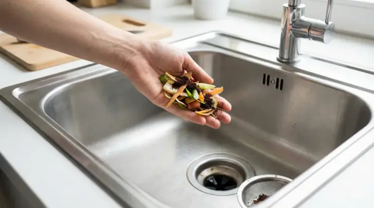 Una mano tiene avanzi di cibo e fondi di caffè sopra un lavello in acciaio, vicino allo scarico