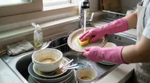 Persona con guanti rosa lava un piatto a mano con spugna sotto acqua corrente nel lavello della cucina