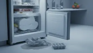 Congelatore aperto con accumulo di ghiaccio e brina nei cassetti, acqua a terra e vassoio per cubetti di ghiaccio