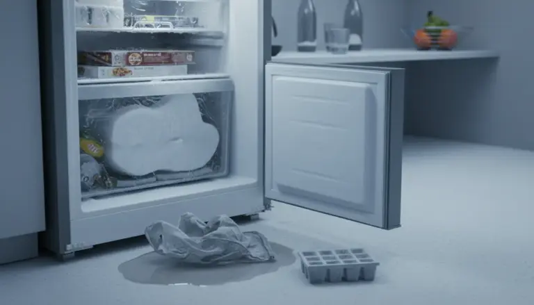 Congelatore aperto con accumulo di ghiaccio e brina nei cassetti, acqua a terra e vassoio per cubetti di ghiaccio