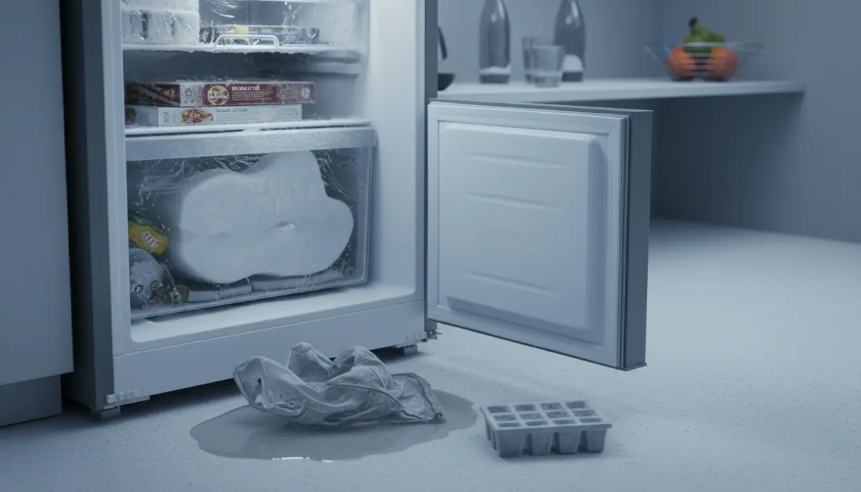 Congelatore aperto con accumulo di ghiaccio e brina nei cassetti, acqua a terra e vassoio per cubetti di ghiaccio