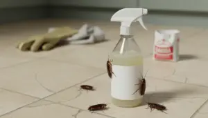 Spray con miscela per pulizie sul pavimento, con blatte attorno alla bottiglia in cucina