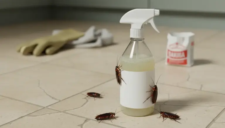 Spray con miscela per pulizie sul pavimento, con blatte attorno alla bottiglia in cucina