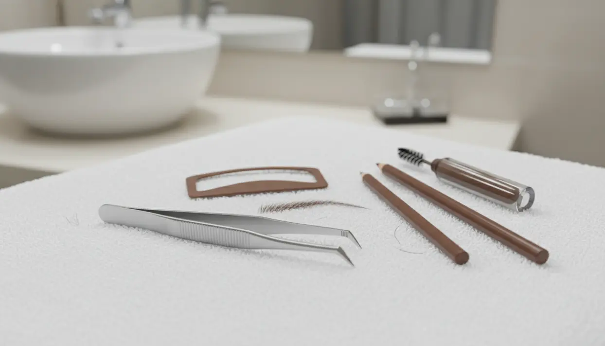 Strumenti per sistemare le sopracciglia: pinzetta, stencil e matite con scovolino su asciugamano in bagno