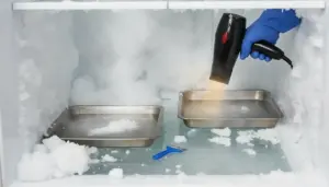Mano con guanto usa un asciugacapelli per sciogliere il ghiaccio nel freezer, con vaschette metalliche sul fondo