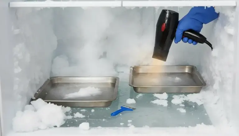 Mano con guanto usa un asciugacapelli per sciogliere il ghiaccio nel freezer, con vaschette metalliche sul fondo