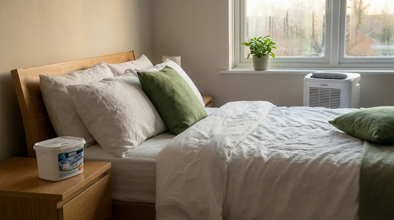 Camera da letto con finestra appannata e deumidificatore vicino al letto, per ridurre l’umidità in casa