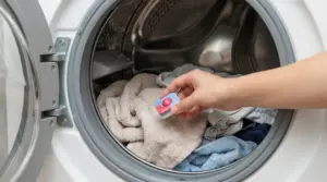 Mano che inserisce una pastiglia per lavastoviglie nel cestello della lavatrice con bucato all'interno