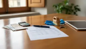 Busta paga colf su un tavolo con calcolatrice, banconote, penna e guanti per pulizie