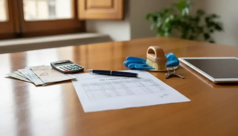 Busta paga colf su un tavolo con calcolatrice, banconote, penna e guanti per pulizie