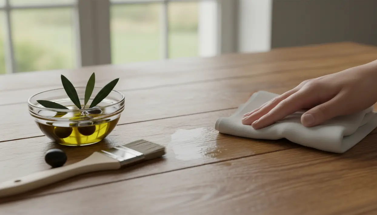 Mano che lucida un tavolo in legno con un panno, accanto a una ciotola di olio d'oliva e un pennello