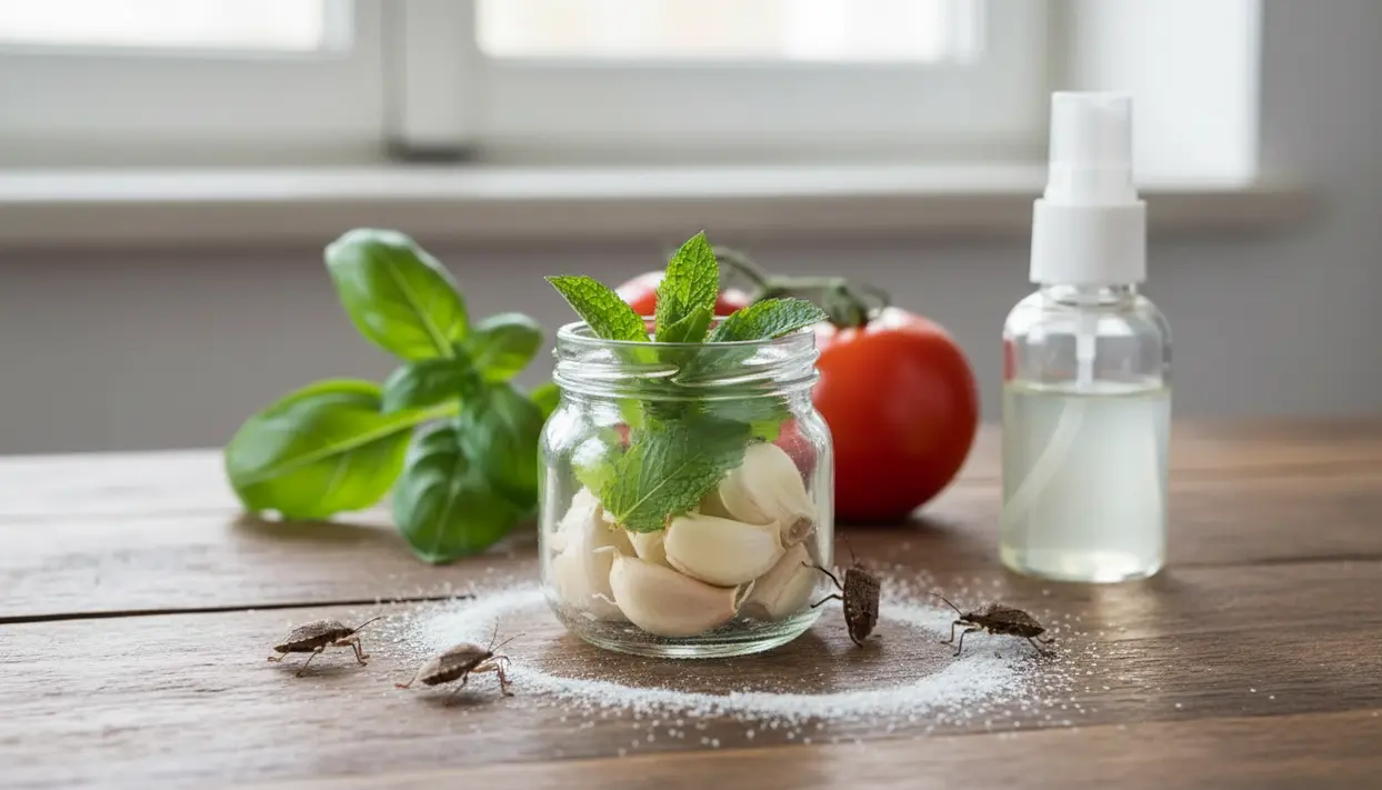 Rimedio naturale contro le cimici: barattolo con aglio e foglie di menta, spray e cimici su un tavolo